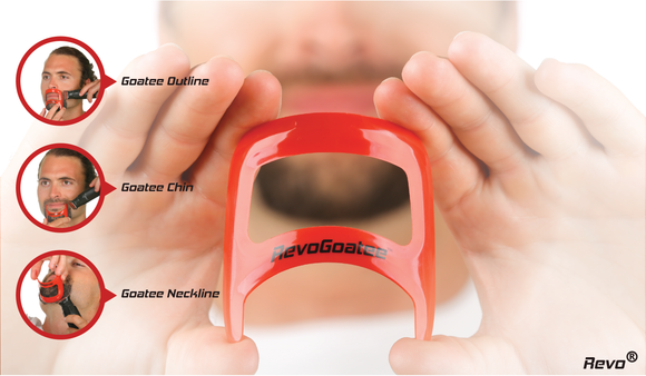 revogoatee is a goatee beard mustache template stencil tool used to guide you when you are shaving trimming your facial hair. Revo. Save money and time at the barber. one size fits all. universal and compatible with everyone. hair cut style styling groom